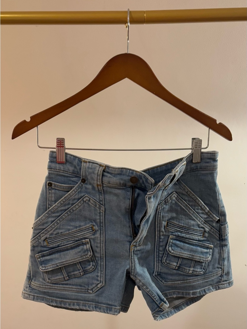 The Kooples Light Blue Distressed Denim Utility Shorts